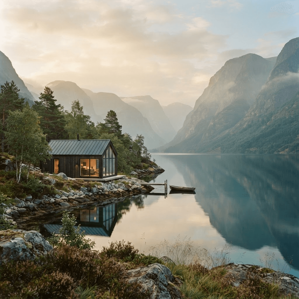 Moderne skandinavisk hytte ved en stille norsk fjord i gyllent morgenlys